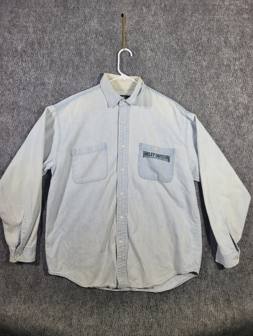 VINTAGE Harley Davidson Denim Shirt Mens L Light Wash Long Sleeve Embroidered